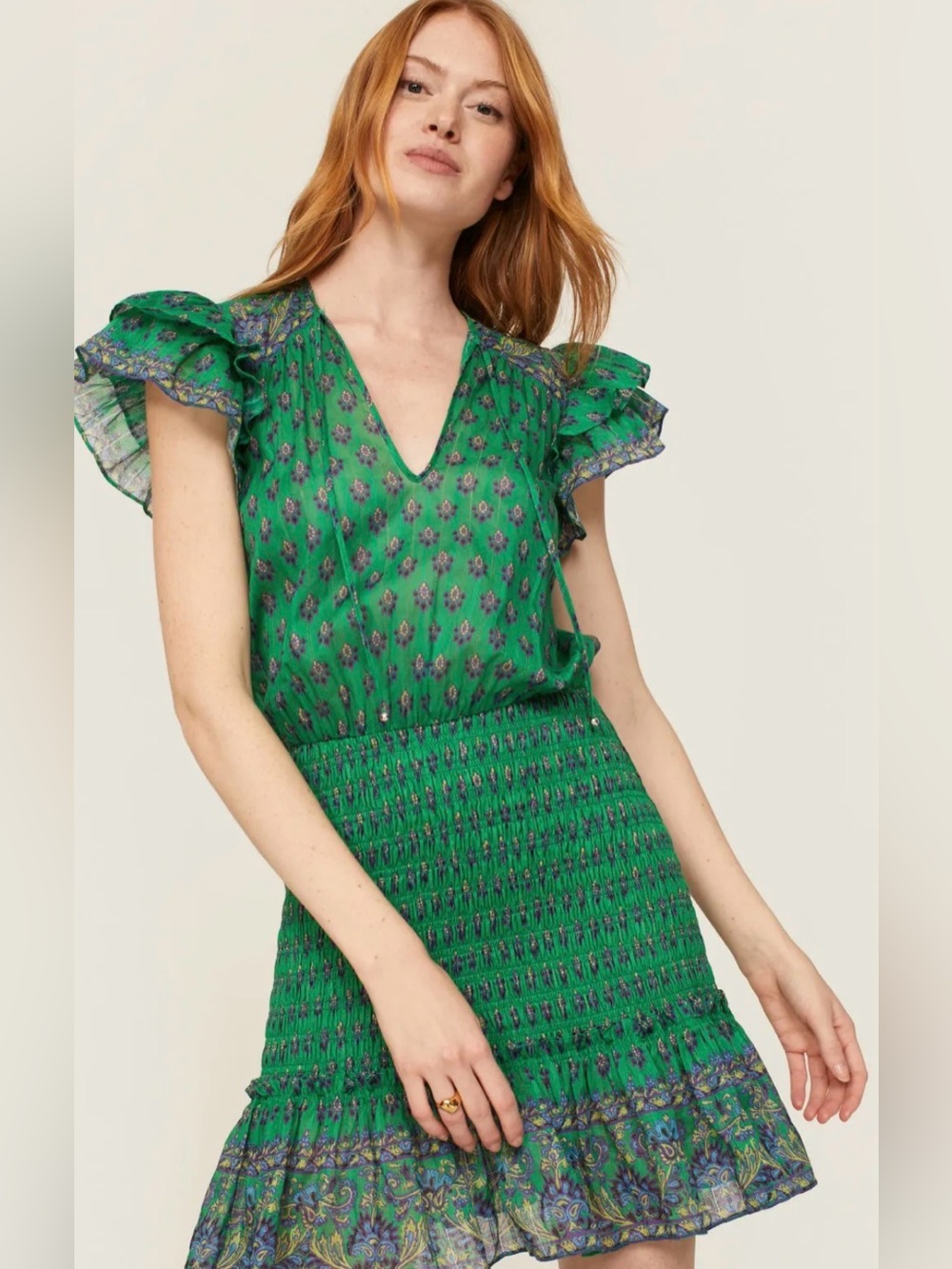 Veronica Beard Brindelle Green Floral Flutter-Sleeve V-Neck Smocked Dress H12